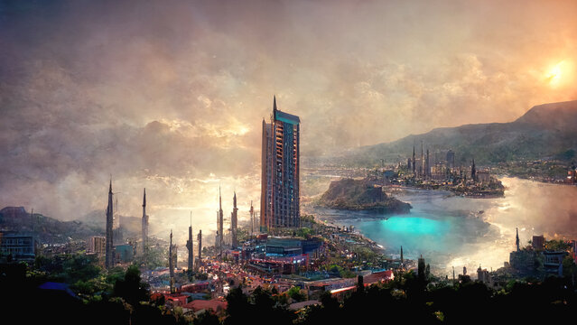 The City of Alanya in 100 years. Futuristic landscape illustration, based on ai-generated image, not any actual scene