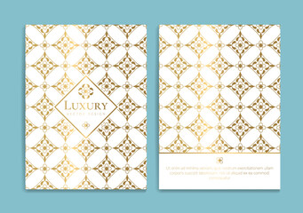 Gold and white luxury invitation card design with vector ornament pattern. Vintage template. Can be used for background and wallpaper. Elegant and classic vector elements great for decoration.