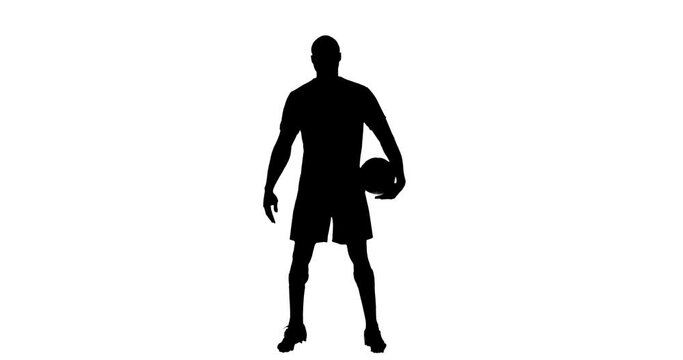 Video of black silhouette of male soccer player with ball isolated on white background