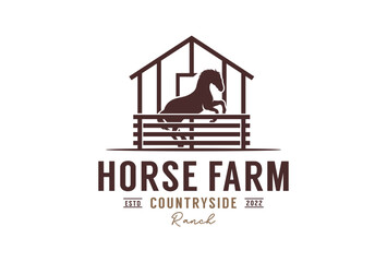 Horse silhouette behind wooden fence paddock for vintage retro rustic countryside western country farm ranch logo design