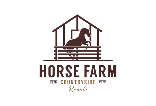 Horse Silhouette Behind Wooden Fence Paddock For Vintage Retro Rustic Countryside Western Country Farm Ranch Logo Design