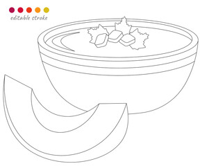 Pumpkin soup with croutons. Autumn collection. Relaxation coloring template.