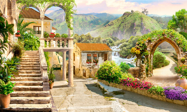 Houses near a cascade of waterfalls in a mountainous area. Photo wallpapers for printing.