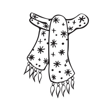 recommend clip art: Knitted scarf isolated on a white background. Vector outline Doodle illustration. A sketch of the warm scarf, design element, icon.