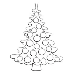 Vector contour Christmas tree decorated with xmas balls. Template for children creativity, application, coloring book