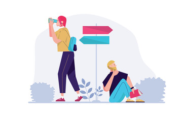 Concept Searching opportunities with people scene in the flat cartoon design. Young couple is looking for opportunities to implement their plans. Vector illustration.