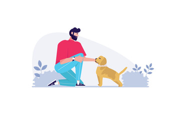 Concept Pets with people scene in the flat cartoon design. Man met someone ese's puppy on the street and decided to pet it. Vector illustration.