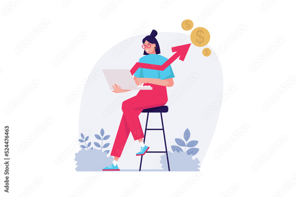 Poster sales performance concept with people scene in the flat cartoon design. manager monitors sales perfo