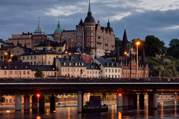 Fototapeta na wymiar Historic buildings and palace on Södermalm island in Stockholm at evening time