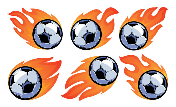 Soccer ball in burning fire flames set. Football emblem or sports mascot. Sport game symbol vector illustration