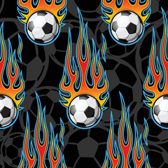 Vector football soccer ball graphic and tribal fire flame seamless pattern wrapping paper design