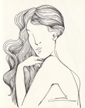 Sketch of a woman. Girl with beautiful, flowing hair in the wind. Girl character, ink draw, artistic line.. Pretty face with wavy hairstyle.