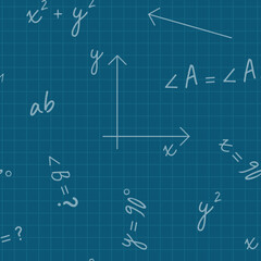 Seamless pattern with math signs. Green chalkboard background with chalk inscriptions.