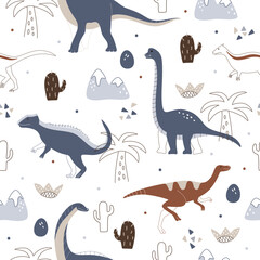 Nordic blue seamless pattern with cute dinosaurs and palm. Vector illustration for fabric, wallpaper, and print.
