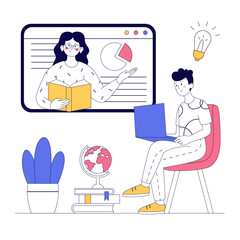 The concept of distance or online education. Vector line art.