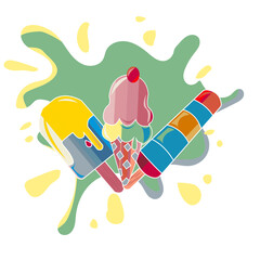 Vector set of cyber yellow, dark sea green, blue green , shimmering blush , cadet grey color ice candy, cone ice cream and milk ice candy with ice cream splash on background. textile design, wallpaper