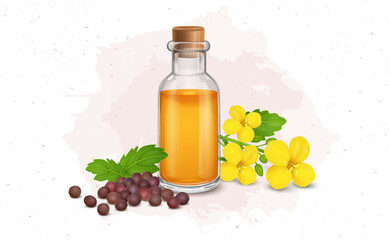 Red Mustard Seed with Mustard oil bottle and flowers 