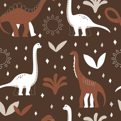 Doodle dinosaur on brown background with sun and plant. Seamless pattern with wild prehistoric animal