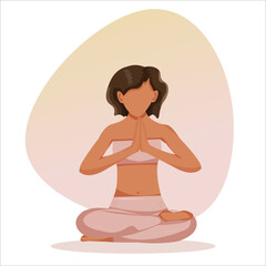 Yoga girl illustration, vector clipart of women workout. A young brown-haired girl is sitting in yoga pose. Female pose on a pink and yellow background. Yoga Girl silhouette clip art.