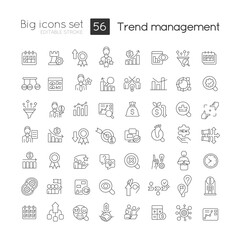 Trend management linear icons set. Stock market analytics. Trading strategy. Customizable thin line symbols. Isolated vector outline illustrations. Editable stroke. Quicksand-Light font used