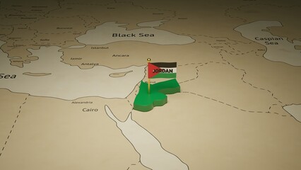 3d rendering independence day of Jordan national flag flying on country map on world