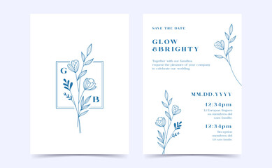 Wedding invitation card background with golden line art flower and botanical leaves, Organic shapes. Card template save the date, invitation, greeting card, multi-purpose vector