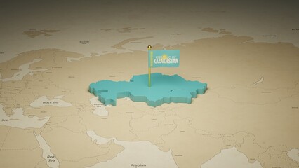 3d rendering independence day of Kazakhstan national flag flying on country map on world