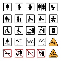Toilet Room Silhouette Icon. Set of WC Sign. Bathroom, Restroom Pictogram. Public Washroom for Disabled, Male, Female, Transgender. Mother and Baby Room. No smoking, No fire, Drinking water, Warning W