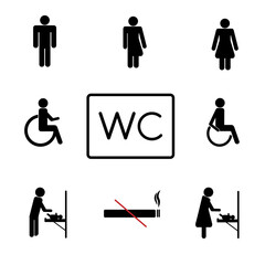 Toilet Room Silhouette Icon. Set of WC Sign. Bathroom, Restroom Pictogram. Public Washroom for Disabled, Male, Female, Transgender. Mother and Baby Changing Table Room. No smoking Sign. Made in Vector