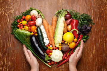 A variety of heart shaped vegetables, a balanced diet.