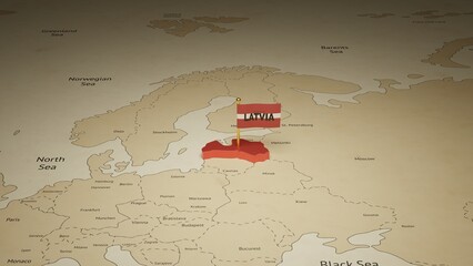 3d rendering independence day of Latvia national flag flying on country map on world
