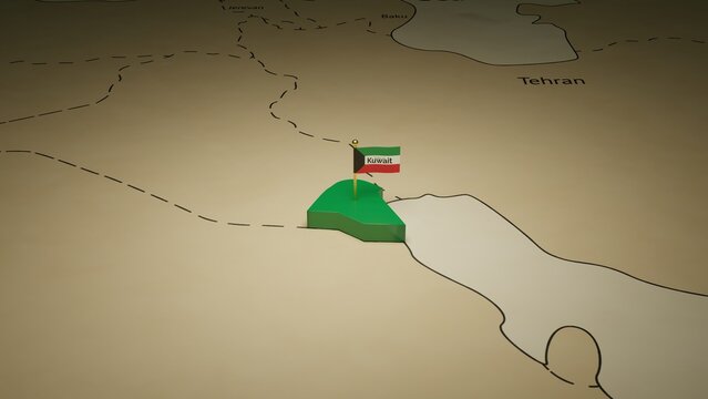 3d rendering independence day of Kuwait national flag flying on country map on world