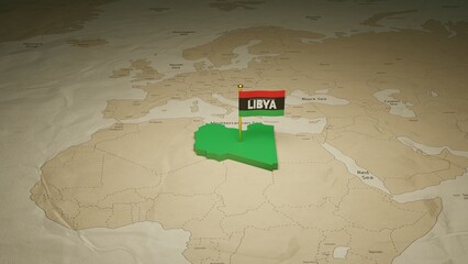 3d rendering independence day of Libya national flag flying on country map on world
