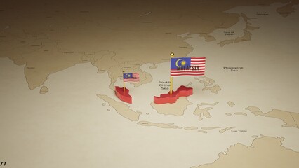 3d rendering independence day of Malaysia national flag flying on country map on world