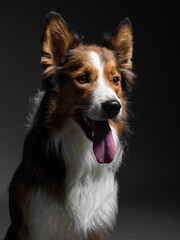  Portrait of a border collie sitting with open mouth on dark background, studio shot