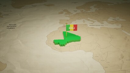 3d rendering independence day of Mali national flag flying on country map on world