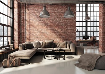 Nowoczesny loft, pokój dzienny z wygodną sofą i stylowymi stolikami. W pomieszczeniu w głębi widać domowe biuro. Loftowe okna na dwóh ścianach mocno rozświetlają wnętrze z surowym murem z cegły. 
