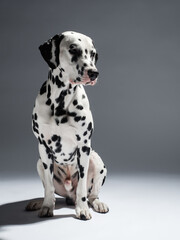 Portrait of a dalmatian on grey background, studio shot