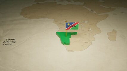 3d rendering independence day of Namibia national flag flying on country map on world