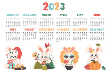 Calendar 2023. Horizontal planner with cute bunny in different seasons.  Cartoon character rabbit  as symbol of new year. Week starts on Monday. Vector flat illustration