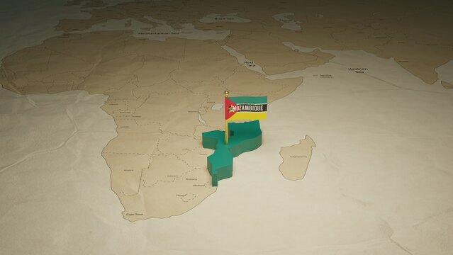 3d rendering independence day of Mozambique national flag flying on country map on world