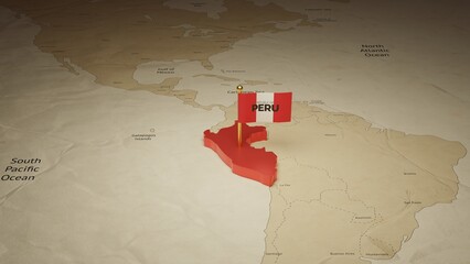 3d rendering independence day of Peru national flag flying on country map on world - obrazy, fototapety, plakaty
