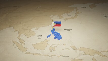 3d rendering independence day of Philippines national flag flying on country map on world