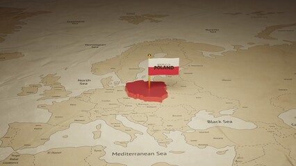 3d rendering independence day of Poland national flag flying on country map on world