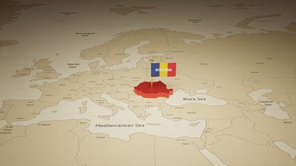 3d rendering independence day of Romania national flag flying on country map on world