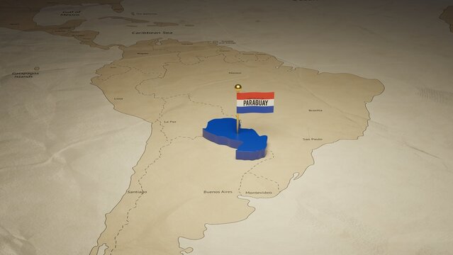 3d rendering independence day of Paraguay national flag flying on country map on world
