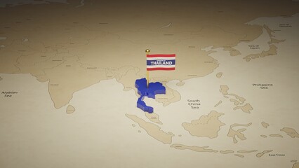 3d rendering independence day of Thailand national flag flying on country map on world