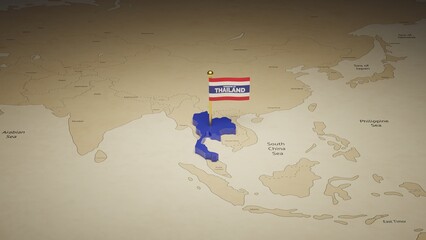 3d rendering independence day of Thailand national flag flying on country map on world © Odvut