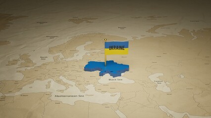 3d illustration independence day of Ukraine National flag flying on country map on world