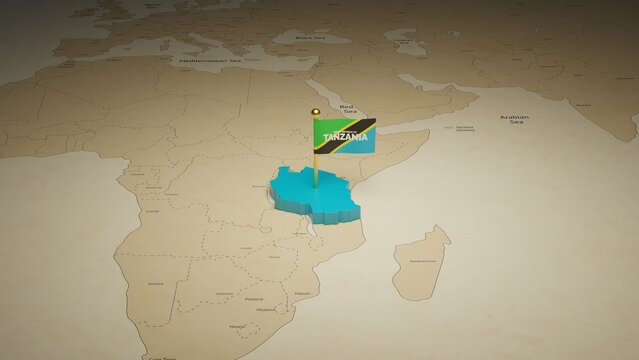 3d rendering independence day of Tanzania national flag flying on country map on world